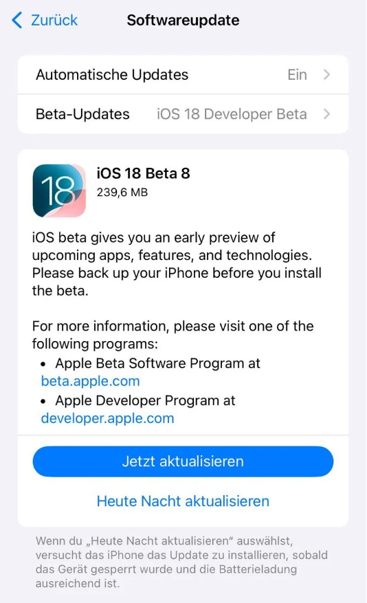 楚雄苹果手机维修分享苹果 iOS / iPadOS 18 开发者预览版 Beta 8 发布 